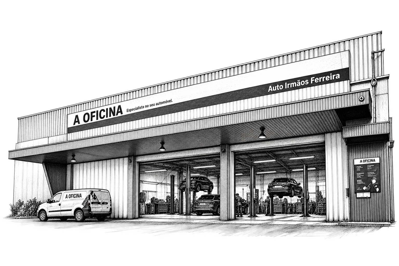Fachada da oficina Auto Irmãos Ferreira com o letreiro A OFICINA e a viatura de assistência